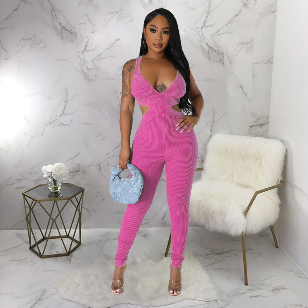 sleeveless sexy deep V-neck tight jumpsuit AY2837