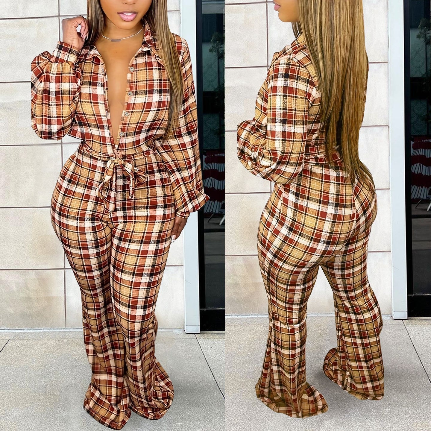 Fashion long sleeved plaid printed jumpsuit AY3231