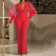 Load image into Gallery viewer, Fashion V-neck mesh patchwork long sleeved jumpsuit AY3130
