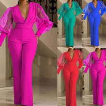 Load image into Gallery viewer, Fashion V-neck mesh patchwork long sleeved jumpsuit AY3130
