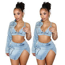 Load image into Gallery viewer, Half open backpack hip slit denim skirt set AY3453
