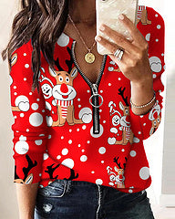 Christmas print V-neck long sleeved top AY3289