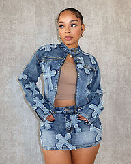 Denim embroidered short skirt jacket set AY3321