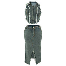Load image into Gallery viewer, Denim short sleeved tassel zipper split set AY3472
