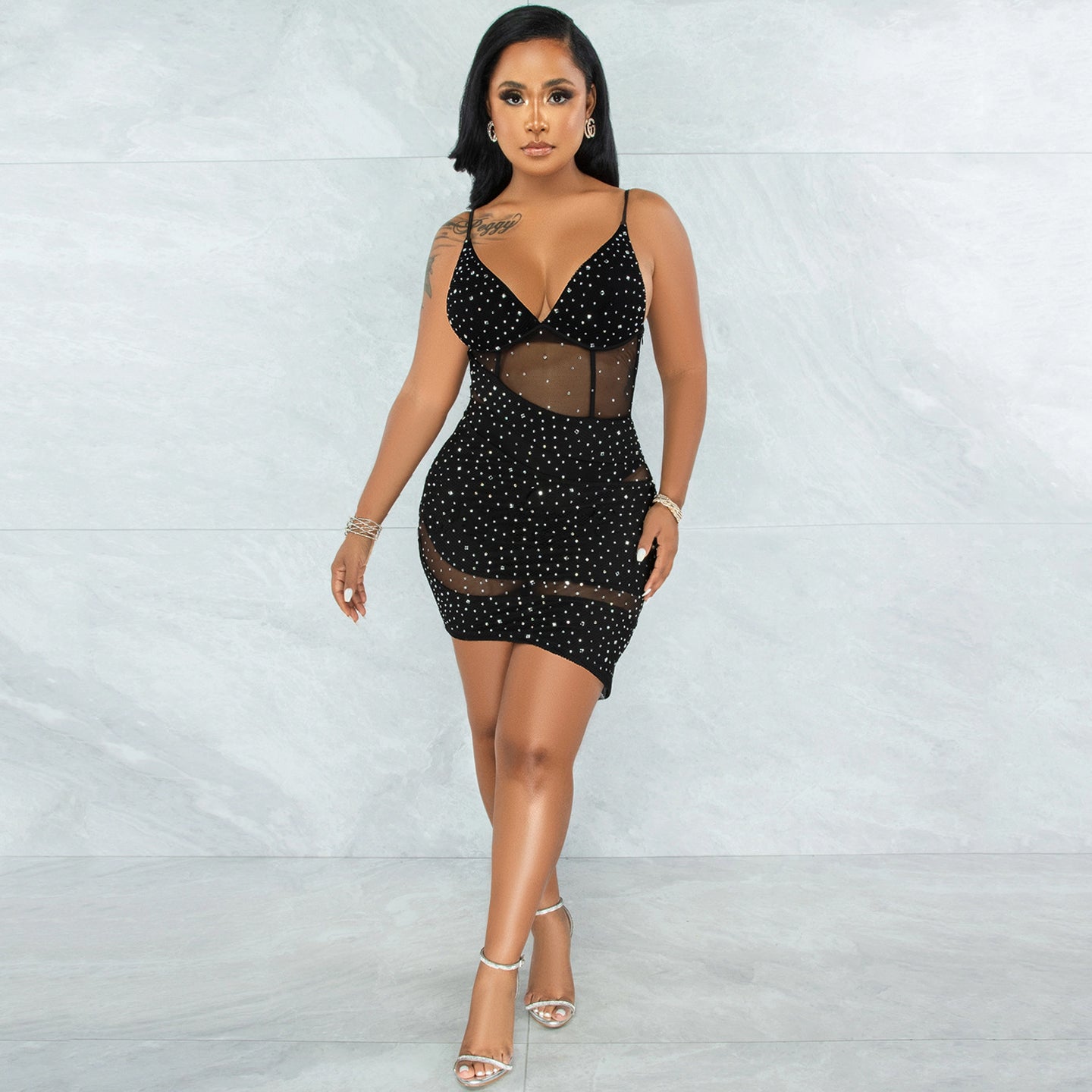 Sexy V-Neck See-Through Rhinestone Sling Dress（AY1812）