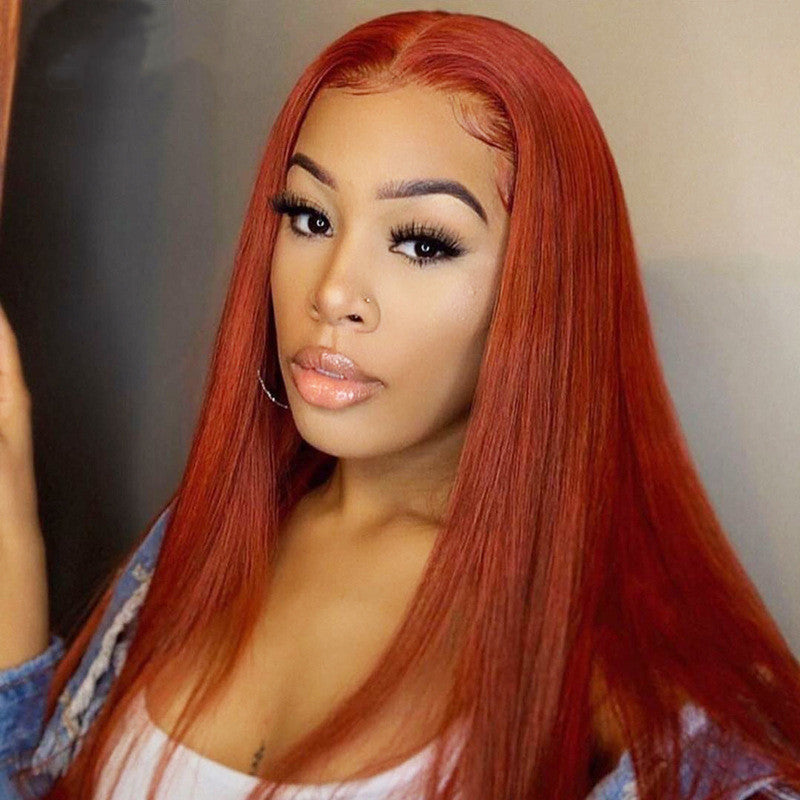 Dark orange straight human hair 13*4 lace frontal wigs(AH5034)