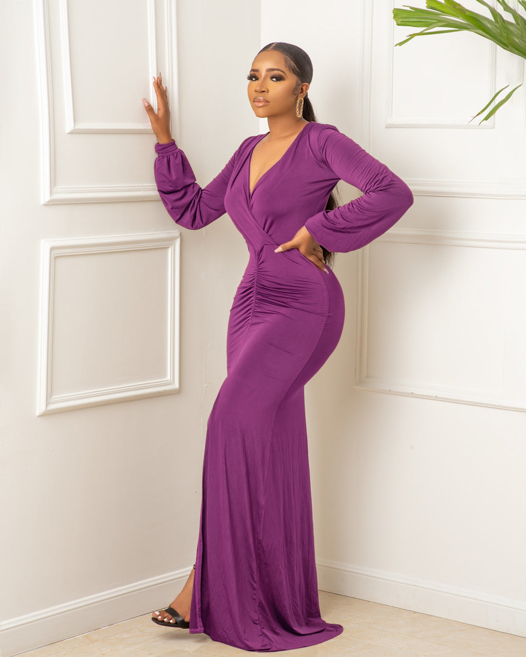 Sexy long-sleeved solid color dress（AY1236)