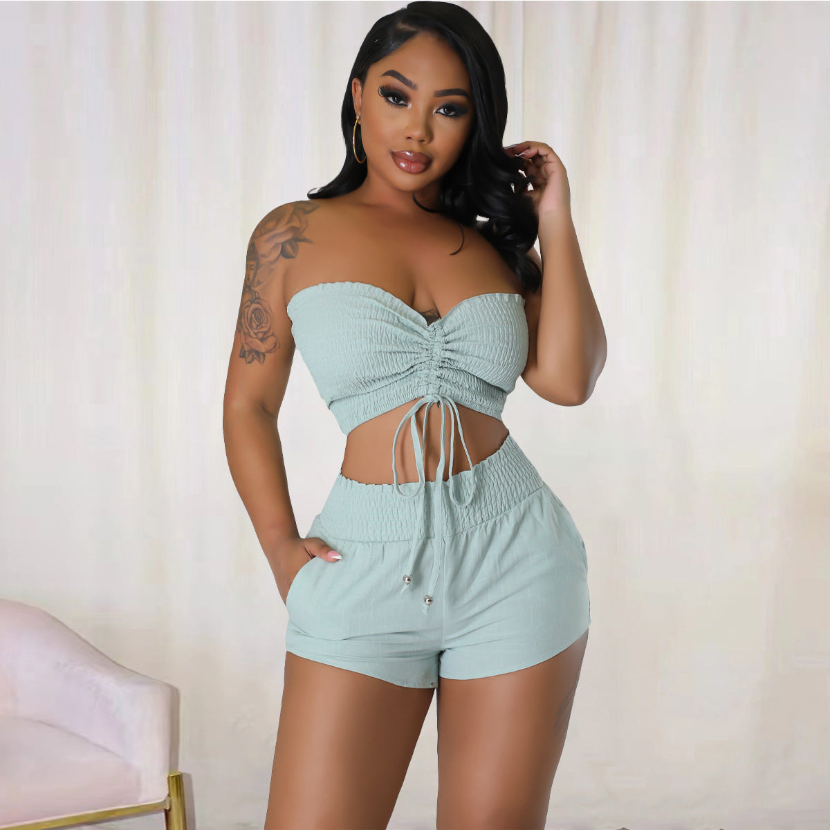 Solid Color Fashion Wrapped Chest Casual two-piece Set AY2730