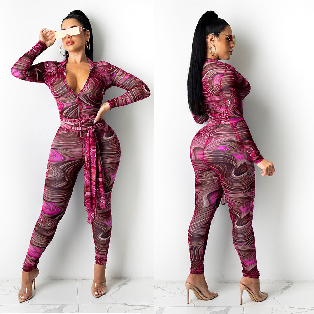 Printed net yarn jumpsuit AY1215