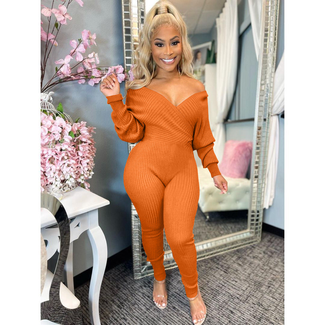 Solid color V-neck jumpsuit (AY1600）