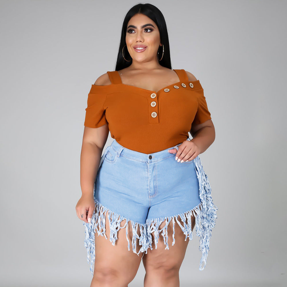 Ripped fringed brushed denim shorts plus size AY1133