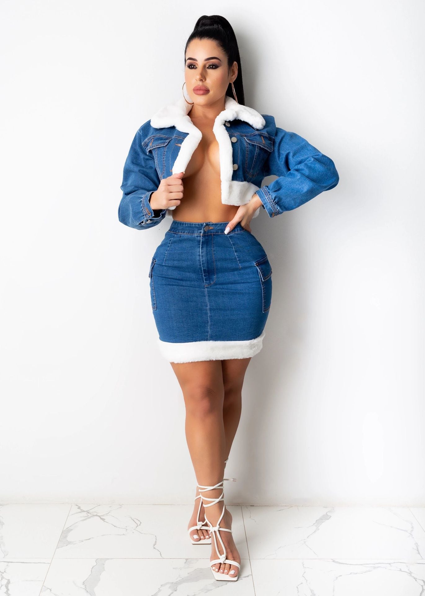 Fashion plush denim skirt two-piece suit（AY1474）