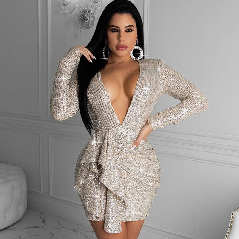 Deep V-neck open back sequin dress（AY1457）